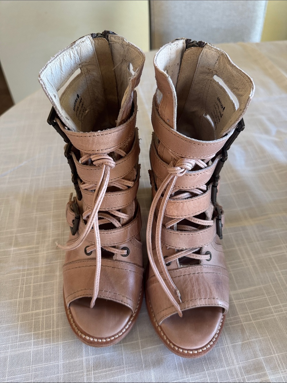 Women’s Open-Toe Lace-Up Sandals in Nude and Gray. Excellent condition.